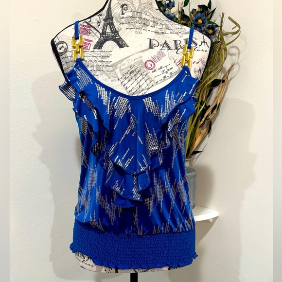Solar USA Blue& Gold trim Ruffled Front Women's Top w Elastic Waist Large - Picture 1 of 7